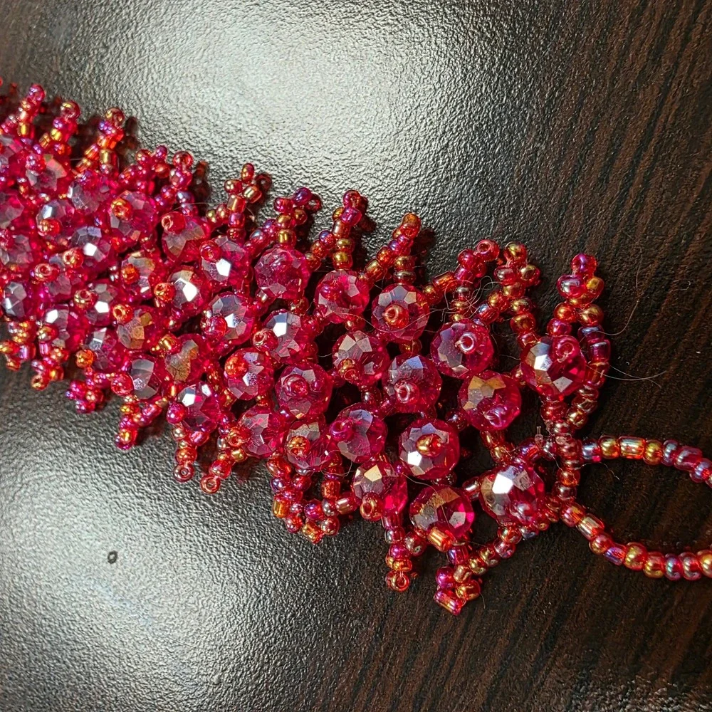 Handmade Magenta Red Beaded Cuff Bracelet Faceted Glass Seed Bead Statement 7.5